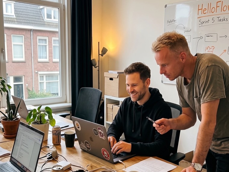 The helloflow team working together on a sprint